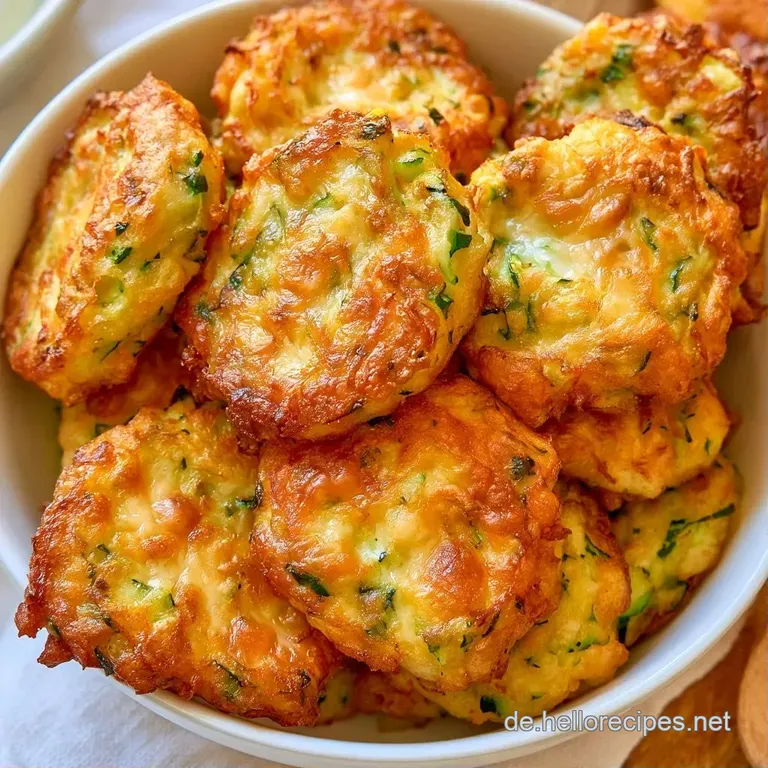 Stapel aus goldgelben Zucchini-Taler mit geschmolzenem K&auml;se, garniert mit frischen gr&uuml;nen Kr&auml;utern auf einer Steinplatte.