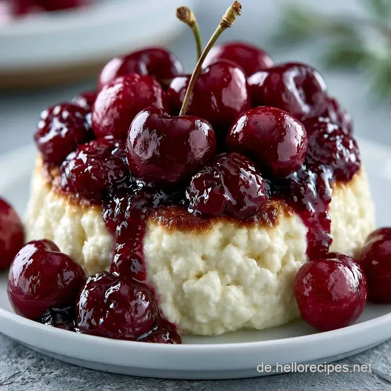 Cremiges, wei&szlig;es Dessertst&uuml;ck mit tiefroten Kirschen auf einem Porzellanteller, fein best&auml;ubt mit wei&szlig;em Puderzucker.