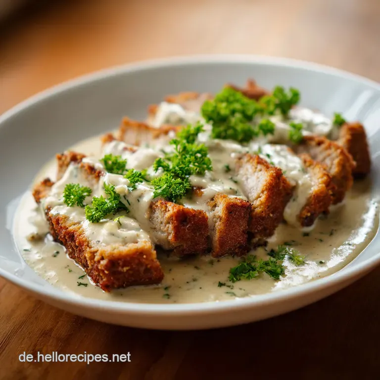 Elegant plate of tender sliced veal in a luscious cream sauce, served with golden-brown rosti potatoes and a sprig of pars...