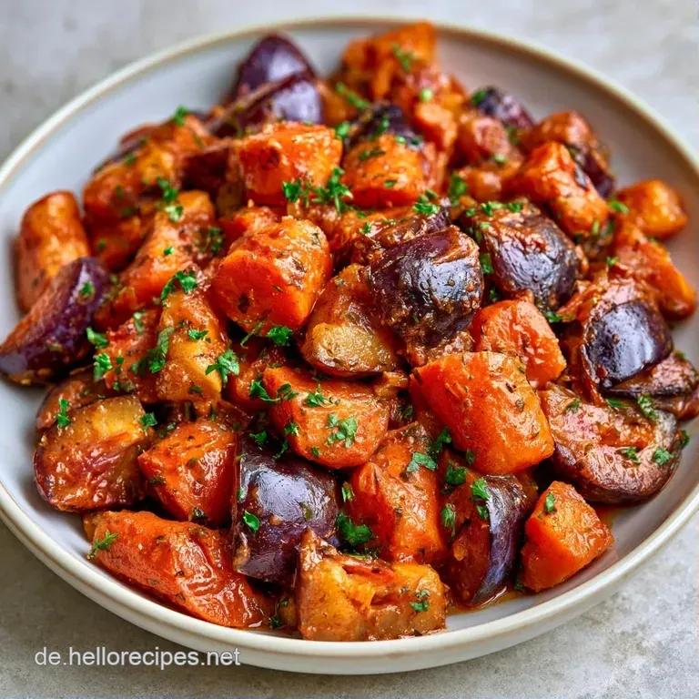 Cremiges, gelbes Curry mit gl&auml;nzenden, purpurroten Zwetschgen auf einer Servierplatte, garniert mit gr&uuml;nen Kr&auml;utern.