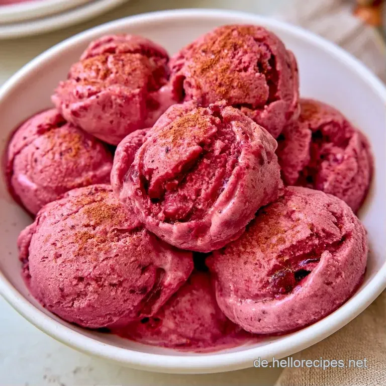 Dunkelviolettes Sorbet auf einem wei&szlig;en Teller, flankiert von gl&auml;nzenden Pflaumenst&uuml;cken und einem Hauch Zimtpulver.