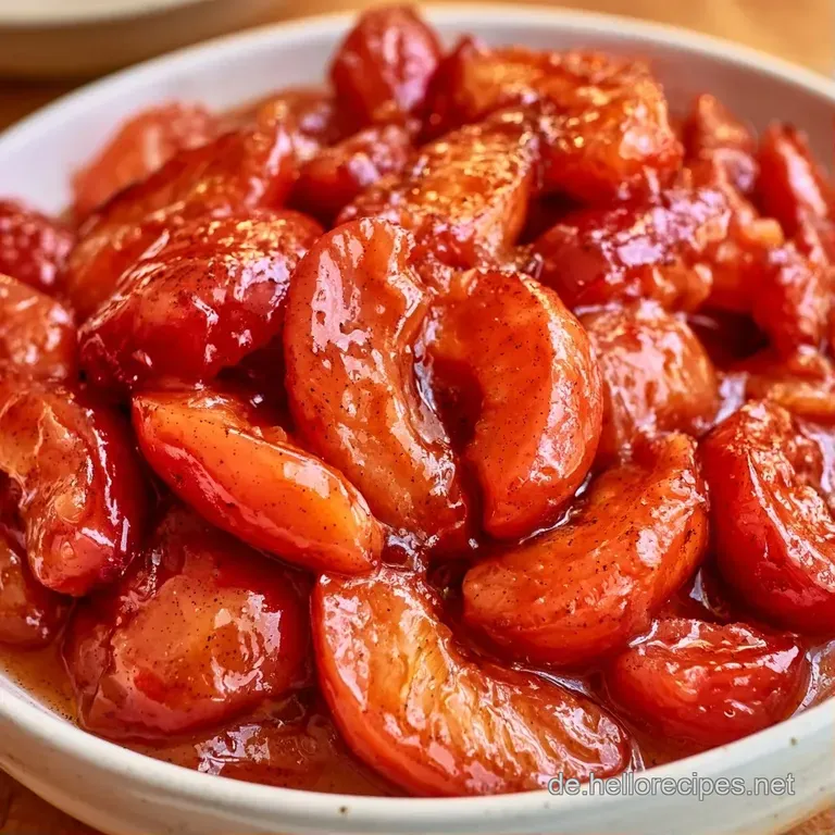 Ein wei&szlig;es Porzellansch&auml;lchen mit dunkelrotem, gl&auml;nzendem Fruchtkompott, garniert mit einem frischen Minzblatt.