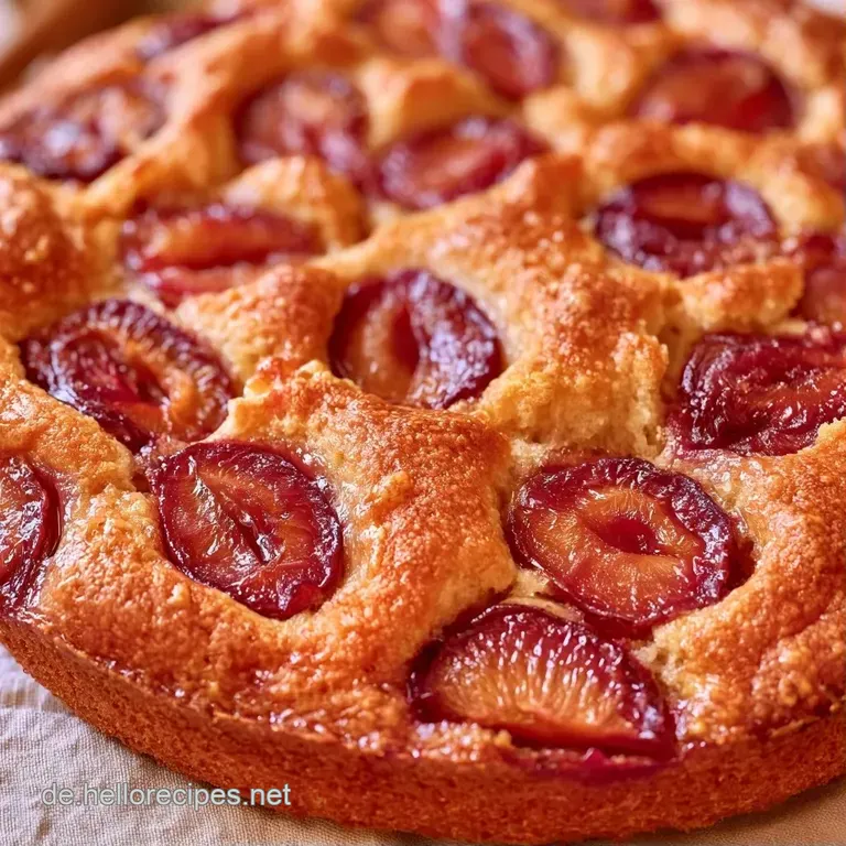 Ein St&uuml;ck saftiger, dunkler Pflaumenkuchen auf einem wei&szlig;en Porzellanteller, best&auml;ubt mit feinem Puderzucker.