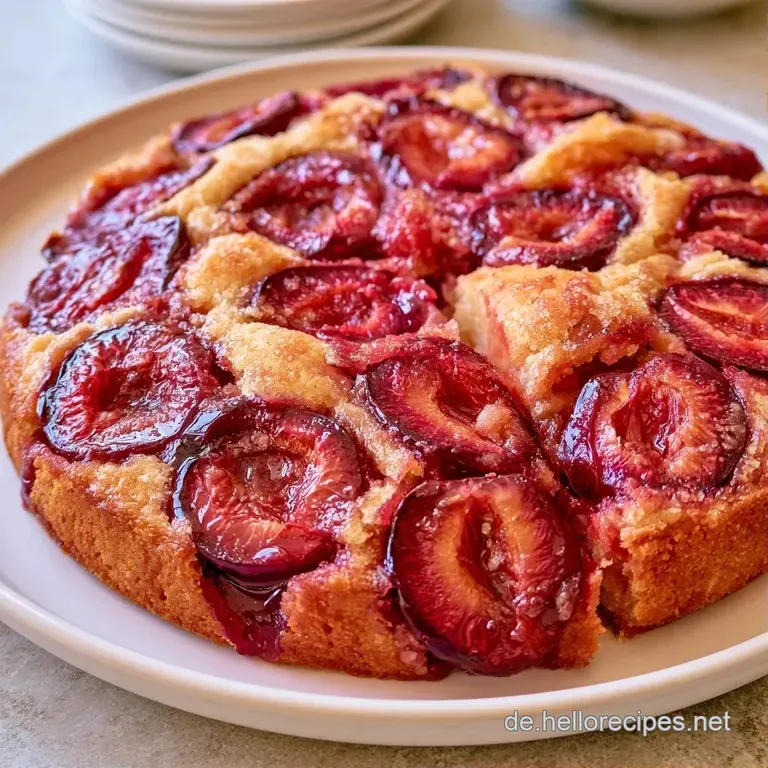 Ein St&uuml;ck saftiger Pflaumenkuchen auf einem wei&szlig;en Porzellanteller, best&auml;ubt mit feinem, wei&szlig;em Puderzucker.