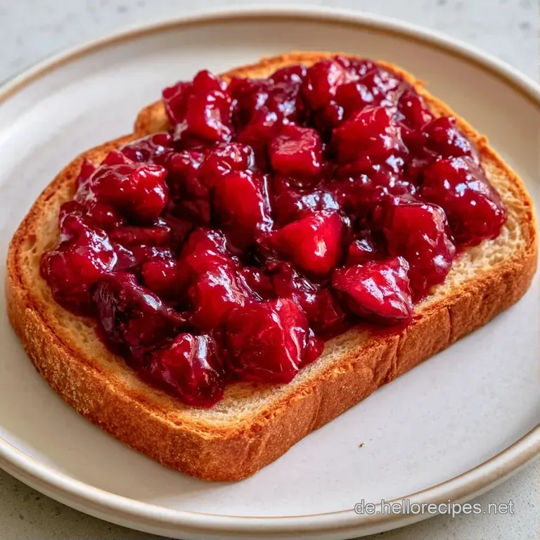 Dunkelrote Marmelade in einer Glasschale neben knusprigem Brot, einer Zimtstange und einer Vanilleschote auf Leinen.