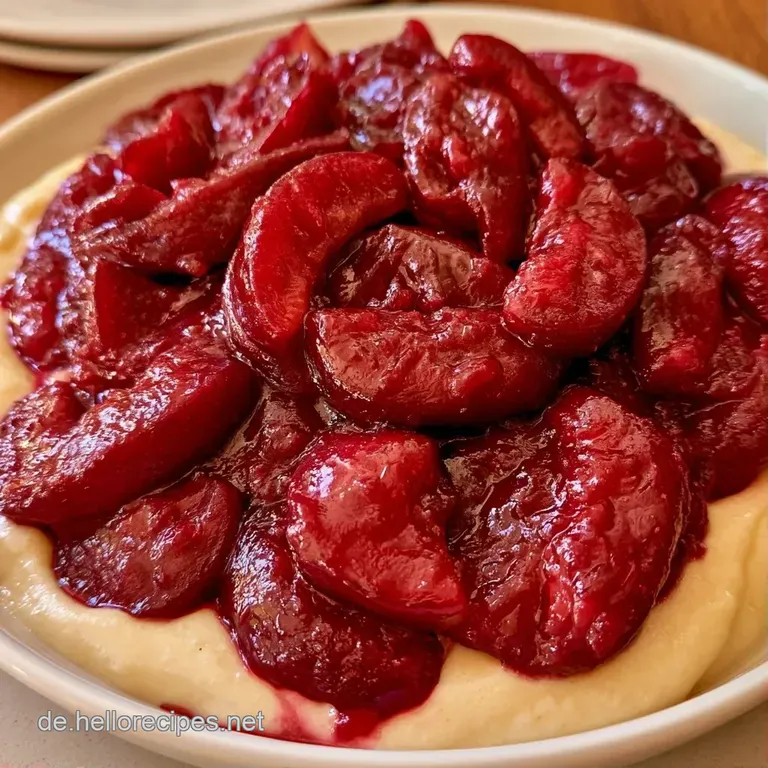 Elegante Anrichtung von gl&auml;nzenden, dunkelroten Fruchtst&uuml;cken auf samtigem, hellem Pudding mit einem Hauch Zimtstaub.